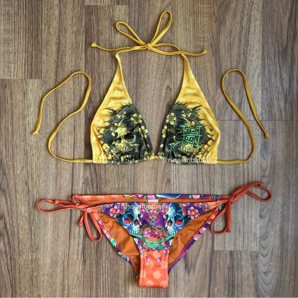 ED HARDY Vintage Y2K Rare Yellow Orange Floral Skulls String Triangle Bikini Set